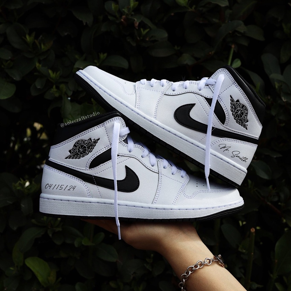 Wedding Sneakers for the Groom Personalized Jordan 1 Mid Black and White